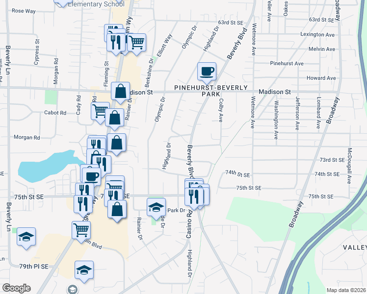 map of restaurants, bars, coffee shops, grocery stores, and more near 7211 Beverly Boulevard in Everett