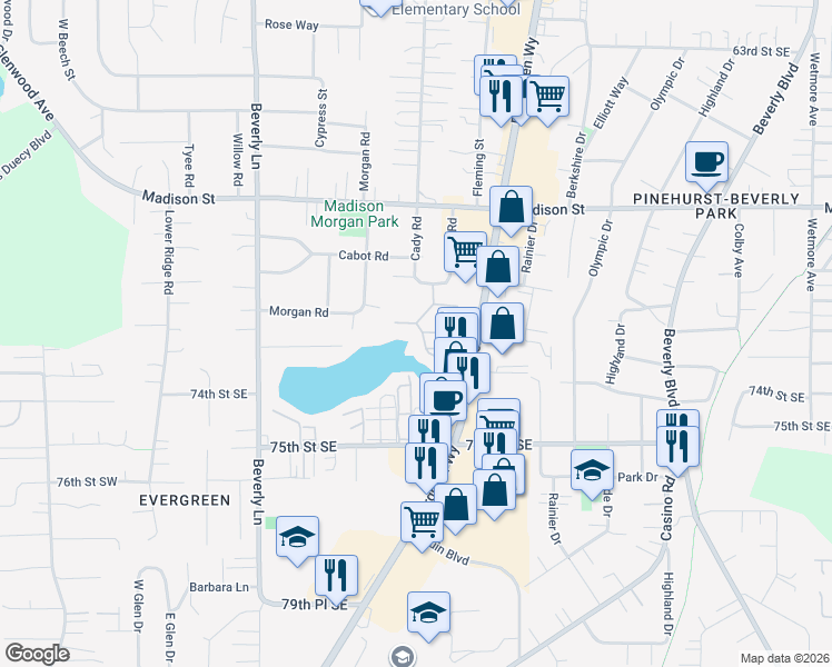 map of restaurants, bars, coffee shops, grocery stores, and more near 614 Morgan Road in Everett
