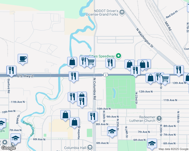 map of restaurants, bars, coffee shops, grocery stores, and more near North Columbia Road in Grand Forks