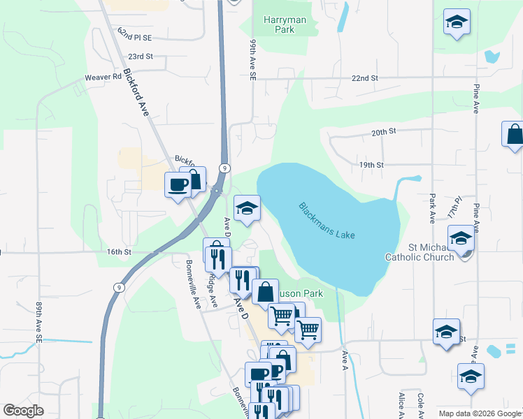 map of restaurants, bars, coffee shops, grocery stores, and more near 1647 Lake Mount Drive in Snohomish