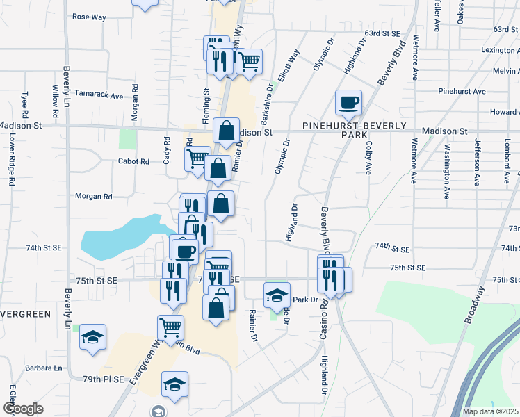 map of restaurants, bars, coffee shops, grocery stores, and more near 7124 Olympic Drive in Everett
