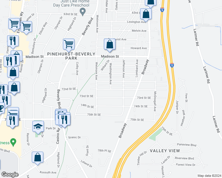 map of restaurants, bars, coffee shops, grocery stores, and more near 11622 Washington Avenue in Everett