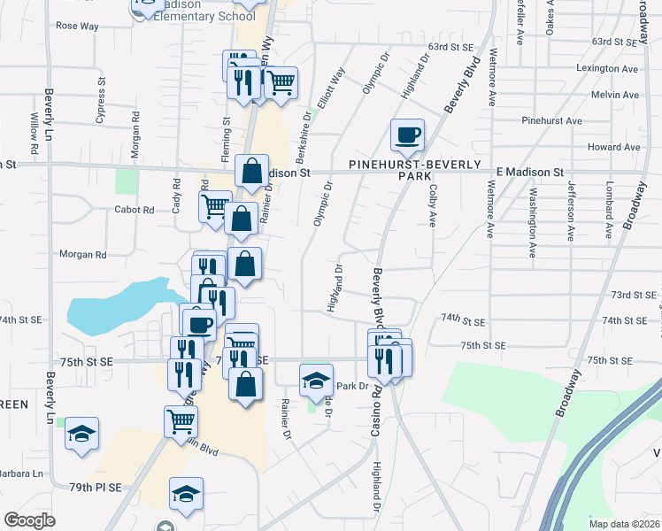 map of restaurants, bars, coffee shops, grocery stores, and more near 7209 Olympic Drive in Everett