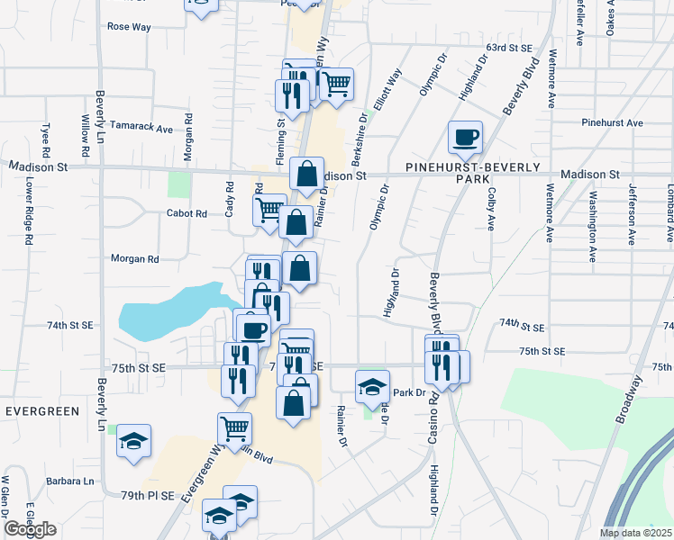 map of restaurants, bars, coffee shops, grocery stores, and more near 7212 Olympic Drive in Everett