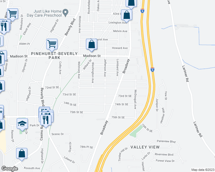 map of restaurants, bars, coffee shops, grocery stores, and more near 7121 Jefferson Avenue in Everett