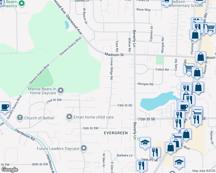 map of restaurants, bars, coffee shops, grocery stores, and more near 7102 Lower Ridge Road in Everett