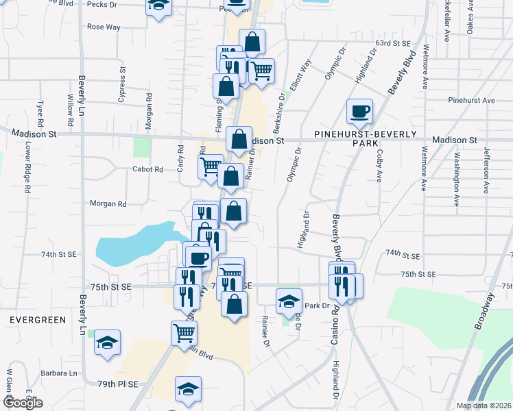 map of restaurants, bars, coffee shops, grocery stores, and more near 1130 Ttereve Drive in Everett
