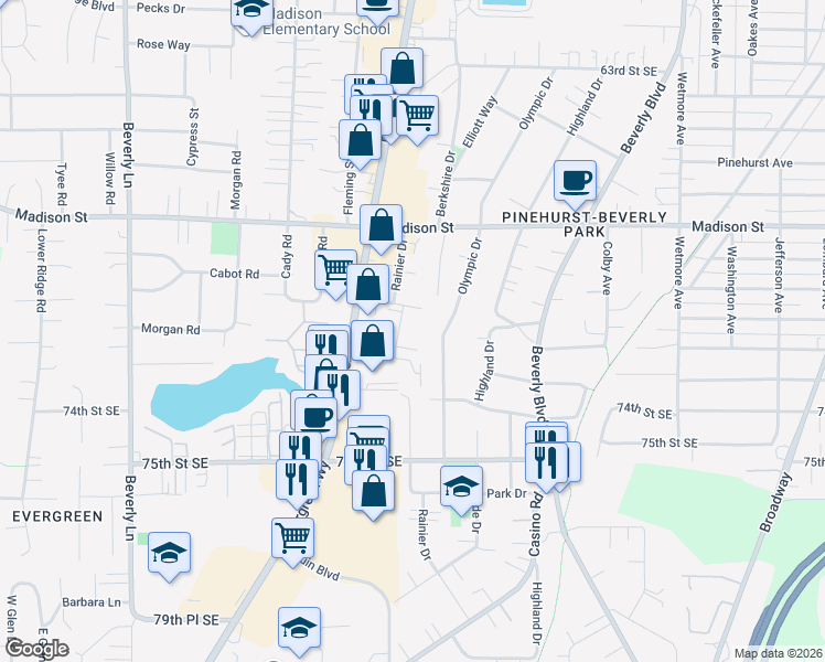 map of restaurants, bars, coffee shops, grocery stores, and more near 1130 Ttereve Drive in Everett