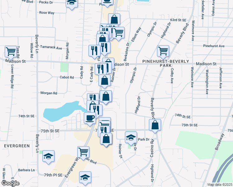 map of restaurants, bars, coffee shops, grocery stores, and more near 1130 Ttereve Drive in Everett