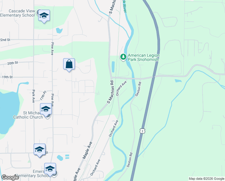 map of restaurants, bars, coffee shops, grocery stores, and more near South Machias Road in Snohomish