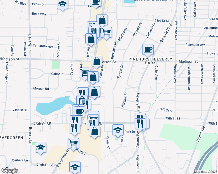 map of restaurants, bars, coffee shops, grocery stores, and more near 1130 Ttereve Drive in Everett