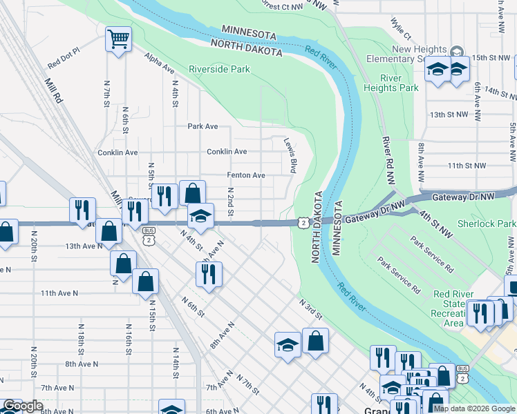 map of restaurants, bars, coffee shops, grocery stores, and more near 23 Seward Avenue in Grand Forks