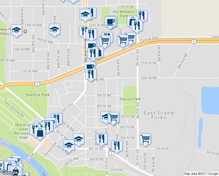 map of restaurants, bars, coffee shops, grocery stores, and more near 920 2nd Avenue Northeast in East Grand Forks