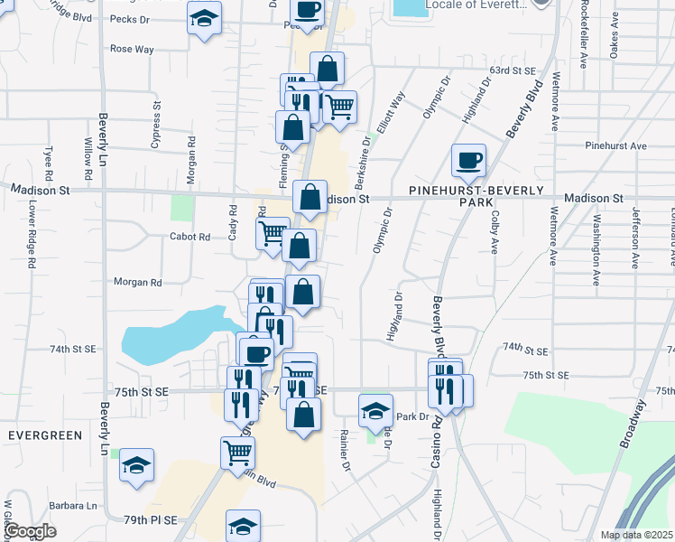 map of restaurants, bars, coffee shops, grocery stores, and more near 1130 Ttereve Drive in Everett