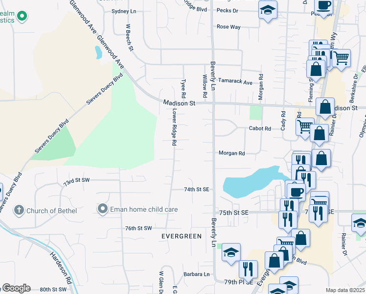 map of restaurants, bars, coffee shops, grocery stores, and more near 7109 Lower Ridge Road in Everett