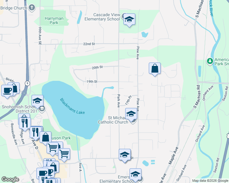 map of restaurants, bars, coffee shops, grocery stores, and more near 606 18th Place in Snohomish