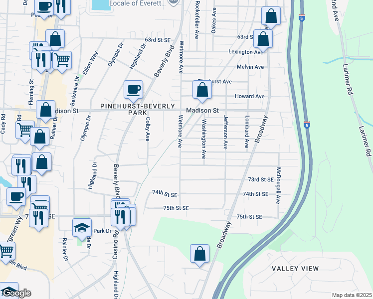 map of restaurants, bars, coffee shops, grocery stores, and more near 1909 Monroe Avenue in Everett