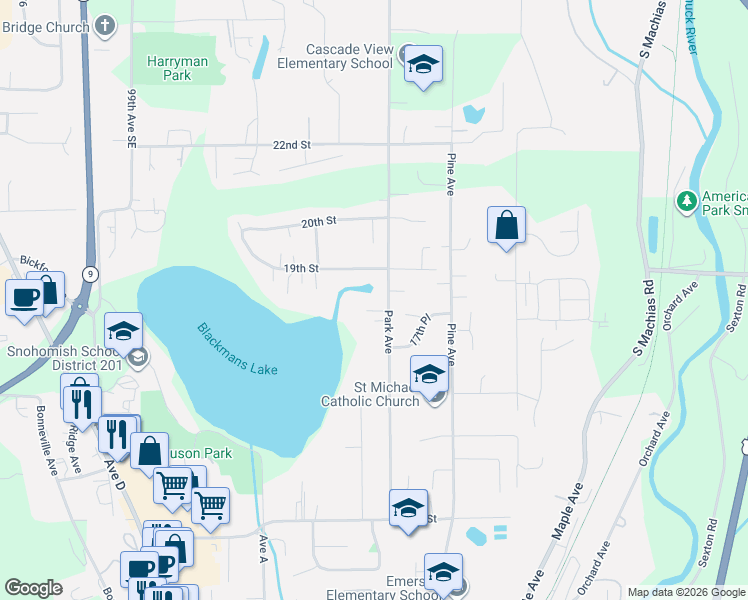 map of restaurants, bars, coffee shops, grocery stores, and more near 606 18th Place in Snohomish