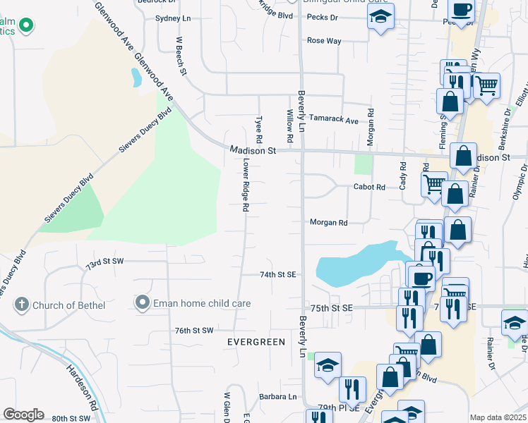 map of restaurants, bars, coffee shops, grocery stores, and more near 7109 Lower Ridge Road in Everett