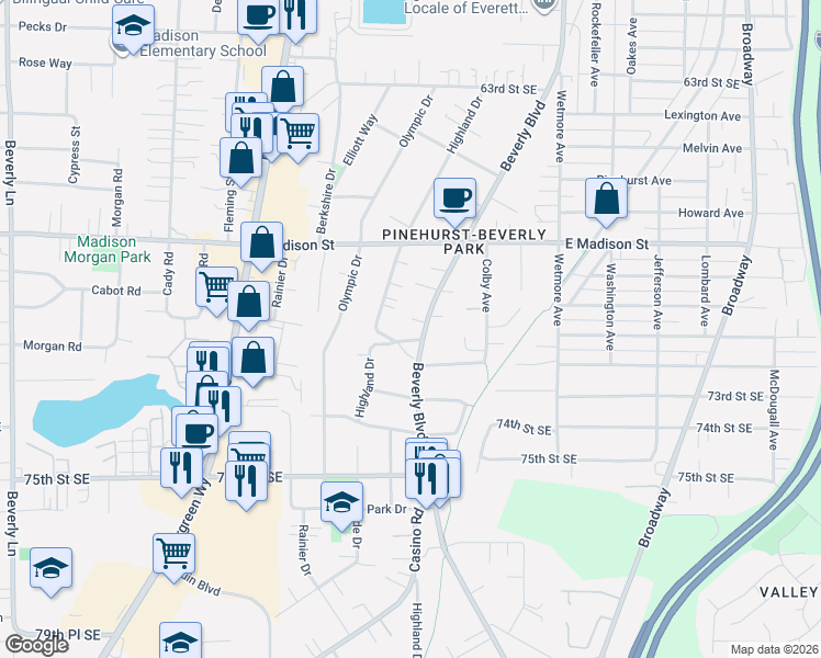 map of restaurants, bars, coffee shops, grocery stores, and more near 7020 Beverly Boulevard in Everett