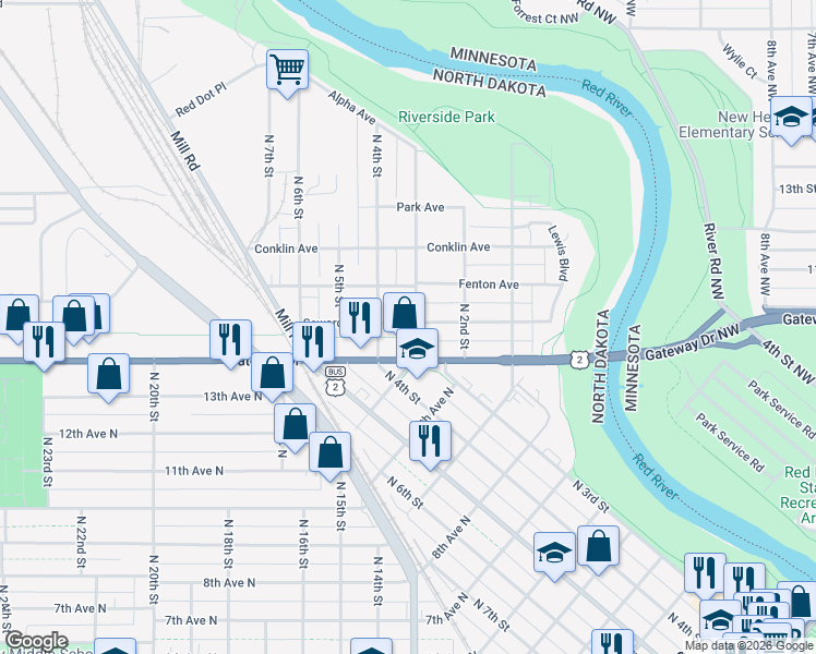 map of restaurants, bars, coffee shops, grocery stores, and more near 1423 North 3rd Street in Grand Forks