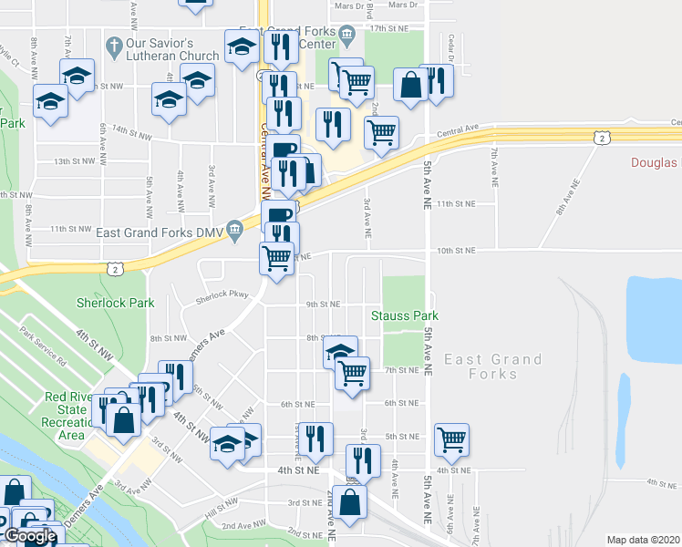 map of restaurants, bars, coffee shops, grocery stores, and more near 920 2nd Avenue Northeast in East Grand Forks
