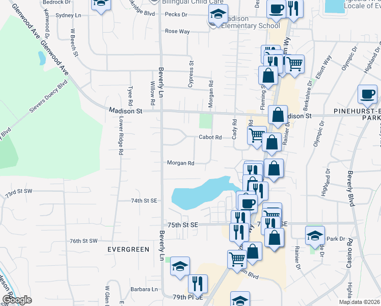 map of restaurants, bars, coffee shops, grocery stores, and more near 7030 Carson Road in Everett