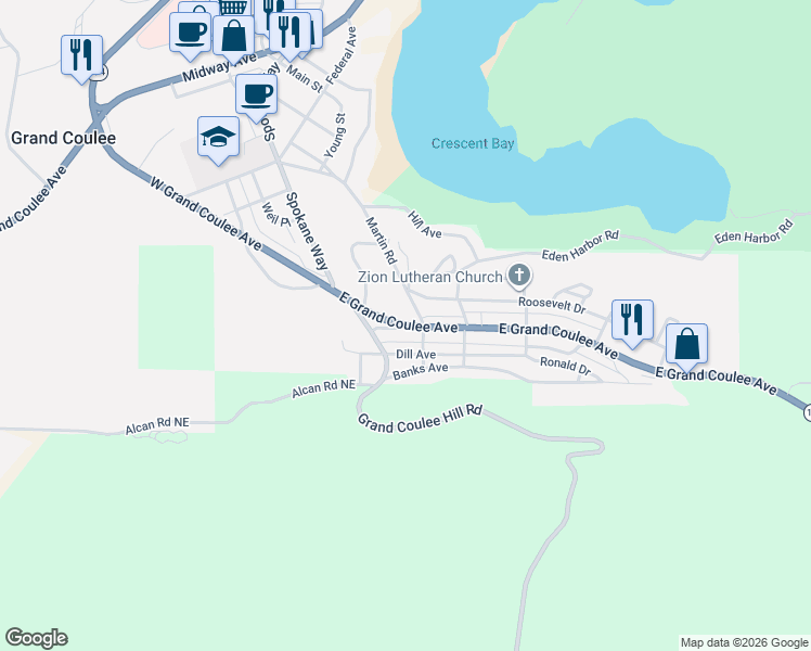 map of restaurants, bars, coffee shops, grocery stores, and more near 114 East Grand Coulee Avenue in Grand Coulee