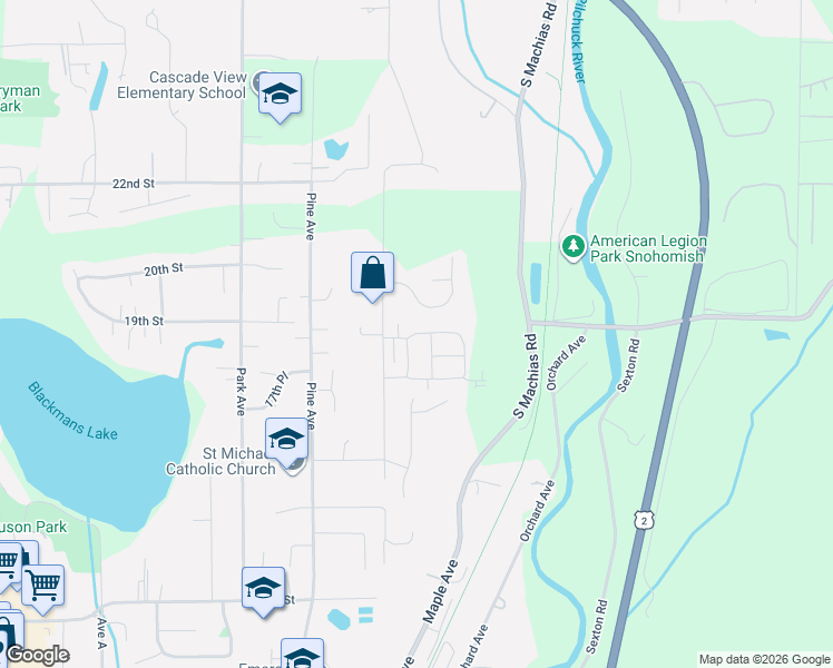 map of restaurants, bars, coffee shops, grocery stores, and more near 109 18th Drive in Snohomish