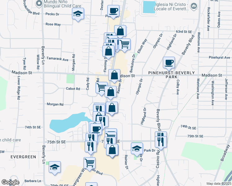 map of restaurants, bars, coffee shops, grocery stores, and more near 1030 Ttereve Drive in Everett