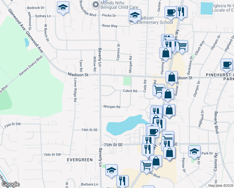 map of restaurants, bars, coffee shops, grocery stores, and more near 7030 Carson Road in Everett