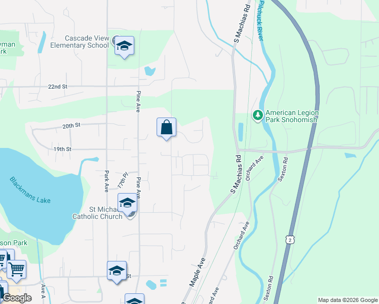 map of restaurants, bars, coffee shops, grocery stores, and more near 109 18th Drive in Snohomish