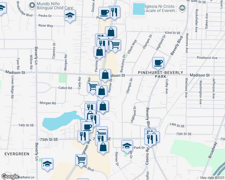 map of restaurants, bars, coffee shops, grocery stores, and more near 6931 Rainier Drive in Everett