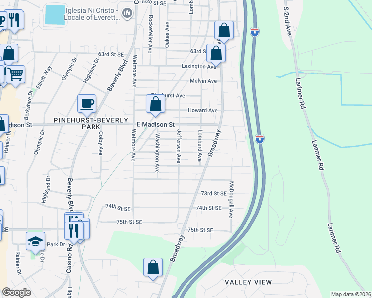 map of restaurants, bars, coffee shops, grocery stores, and more near 2217 Columbia Avenue in Everett