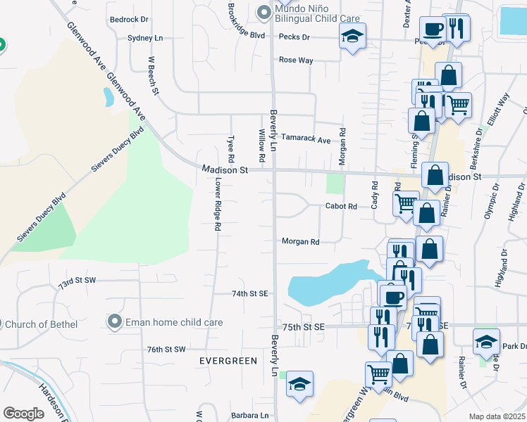 map of restaurants, bars, coffee shops, grocery stores, and more near 225 North Cabot Road in Everett