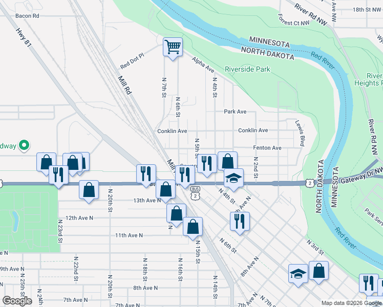map of restaurants, bars, coffee shops, grocery stores, and more near 1609 North 5th Street in Grand Forks