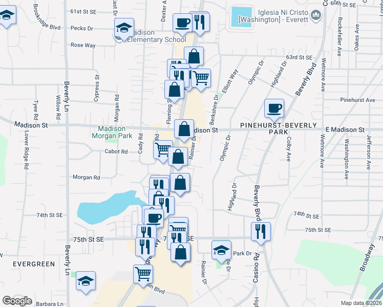 map of restaurants, bars, coffee shops, grocery stores, and more near 6921 Rainier Drive in Everett
