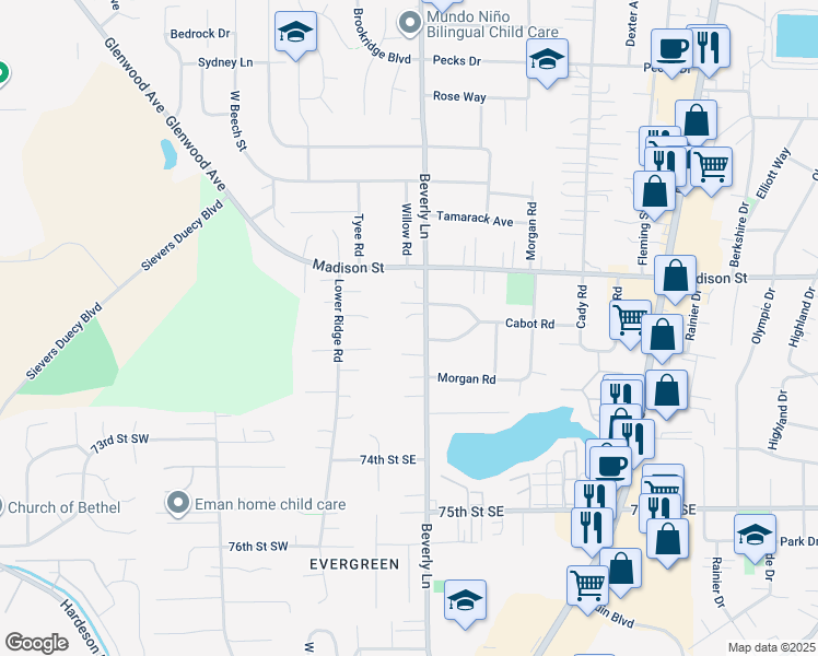 map of restaurants, bars, coffee shops, grocery stores, and more near 225 North Cabot Road in Everett