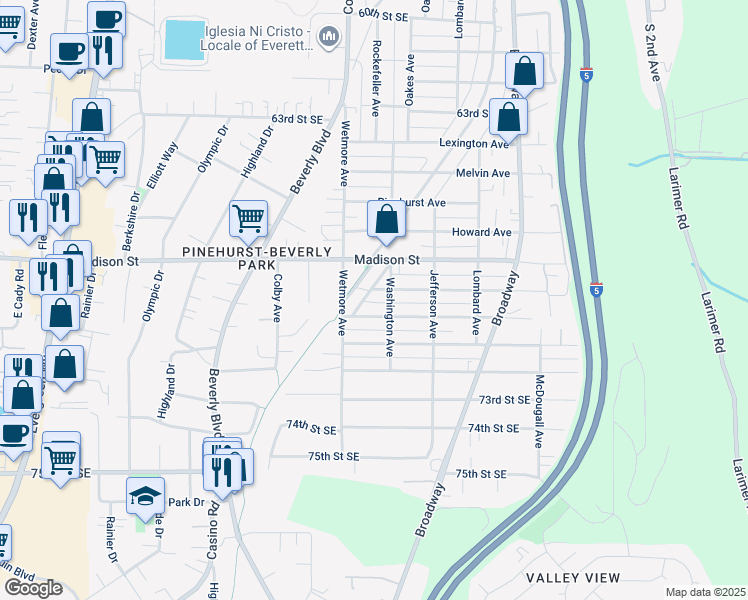 map of restaurants, bars, coffee shops, grocery stores, and more near 6814 Washington Avenue in Everett