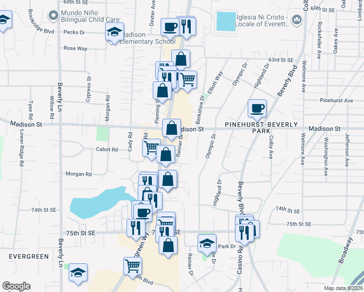 map of restaurants, bars, coffee shops, grocery stores, and more near 6911 Rainier Drive in Everett