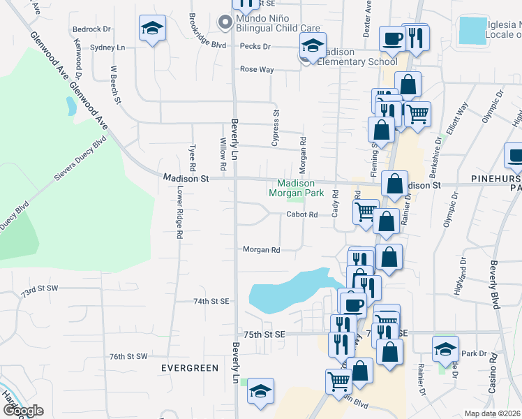 map of restaurants, bars, coffee shops, grocery stores, and more near 322 North Cabot Road in Everett