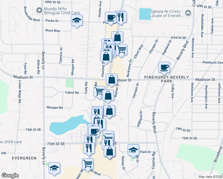 map of restaurants, bars, coffee shops, grocery stores, and more near 6807 Evergreen Way in Everett