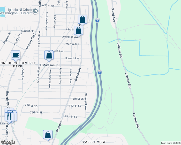 map of restaurants, bars, coffee shops, grocery stores, and more near 6901 Columbia Court in Everett