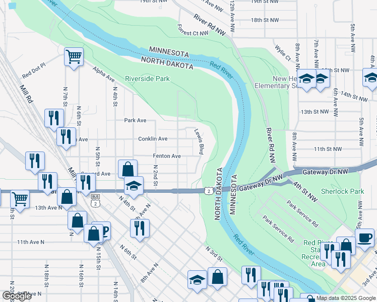 map of restaurants, bars, coffee shops, grocery stores, and more near 1609 Lewis Boulevard in Grand Forks