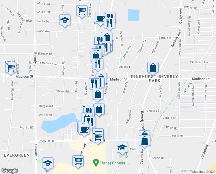 map of restaurants, bars, coffee shops, grocery stores, and more near 6905 Rainier Drive in Everett