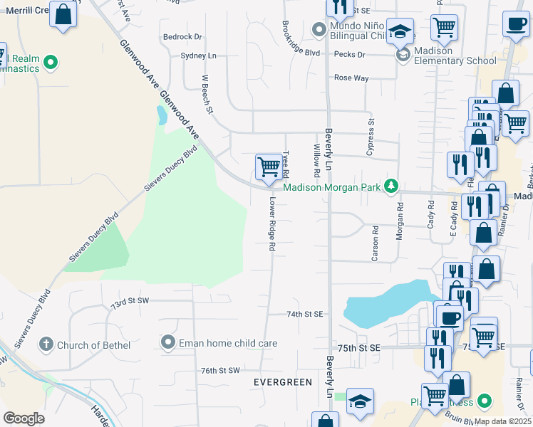 map of restaurants, bars, coffee shops, grocery stores, and more near 6920 Lower Ridge Road in Everett