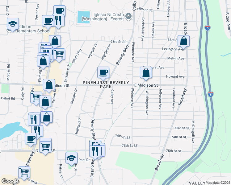 map of restaurants, bars, coffee shops, grocery stores, and more near 6825 Colby Avenue in Everett
