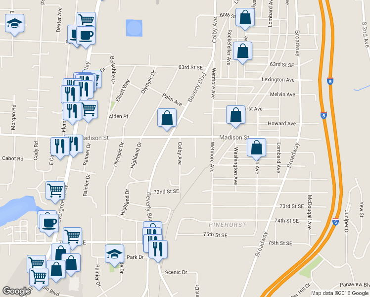 map of restaurants, bars, coffee shops, grocery stores, and more near 6825 Colby Avenue in Everett
