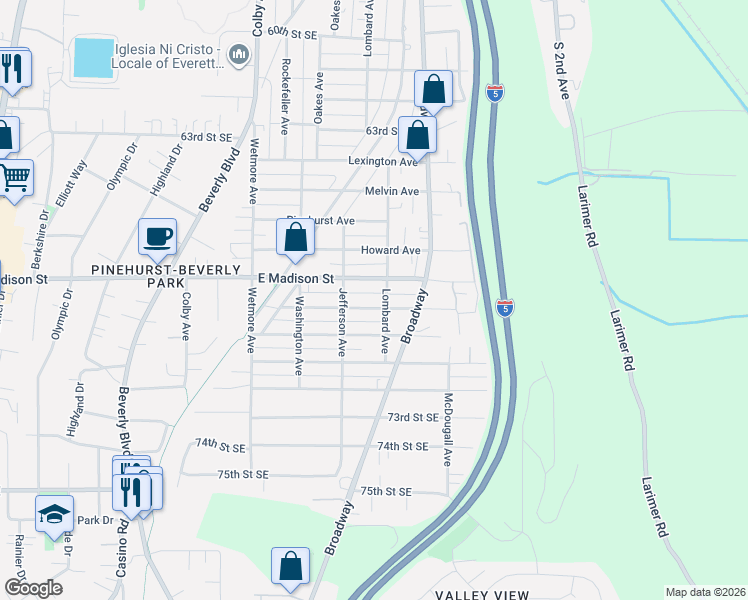 map of restaurants, bars, coffee shops, grocery stores, and more near 2217 Columbia Avenue in Everett