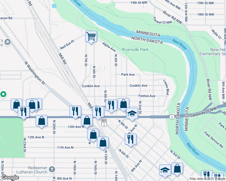 map of restaurants, bars, coffee shops, grocery stores, and more near 1615 North 4th Street in Grand Forks